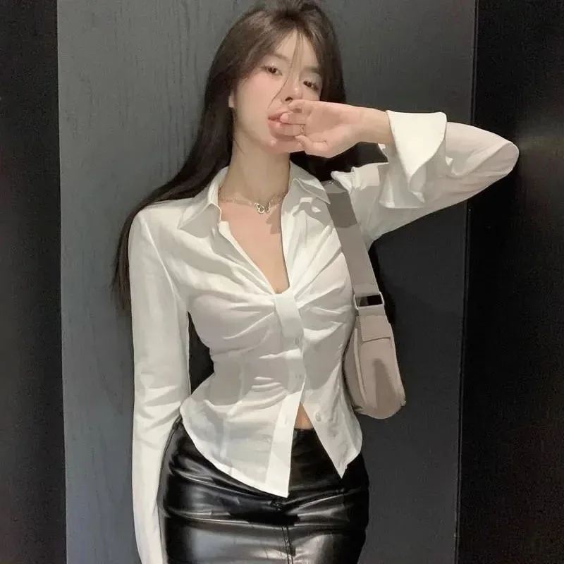 Y2K White V-Neck Blouse: Sexy Slim Fit Crop Top for Women Streetwear Chic with Long Slee