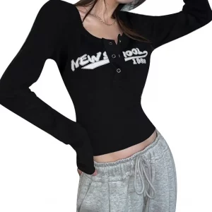 Y2K Women Casual Long Sleeve T-shirt - E-girl Solid Color Waffle Exposed Navel Crop Top