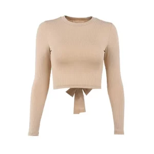 Y2K Women Casual Long Sleeve T-shirt - E-girl Solid Color Waffle Exposed Navel Crop Top