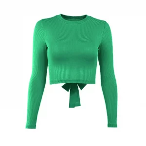 Y2K Women Casual Long Sleeve T-shirt - E-girl Solid Color Waffle Exposed Navel Crop Top