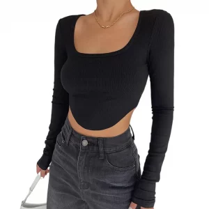 Y2K Women Casual Long Sleeve T-shirt - E-girl Solid Color Waffle Exposed Navel Crop Top