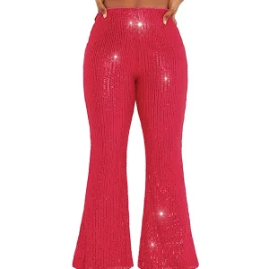 Y2K Women Sparkly Bell Bottom Pants - Shiny Sequin Wide Leg Trousers