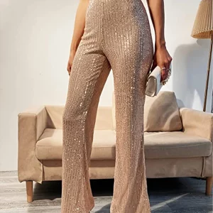 Y2K Women Sparkly Bell Bottom Pants - Shiny Sequin Wide Leg Trousers