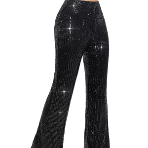 Y2K Women Sparkly Bell Bottom Pants - Shiny Sequin Wide Leg Trousers