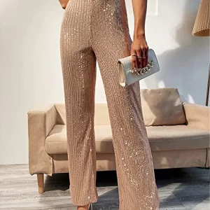 Y2K Women Sparkly Bell Bottom Pants - Shiny Sequin Wide Leg Trousers