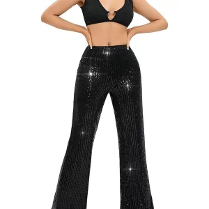 Y2K Women Sparkly Bell Bottom Pants - Shiny Sequin Wide Leg Trousers