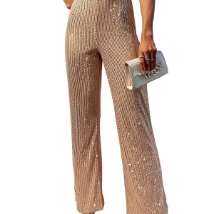 Y2K Women Sparkly Bell Bottom Pants - Shiny Sequin Wide Leg Trousers