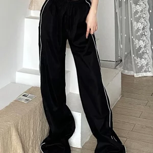 Y2K Women Streetwear Black Sweatpants - Striped Patchwork Cargo Pants