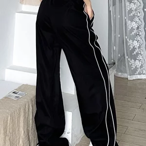 Y2K Women Streetwear Black Sweatpants - Striped Patchwork Cargo Pants