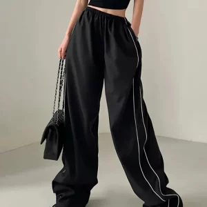 Y2K Women Streetwear Black Sweatpants - Striped Patchwork Cargo Pants