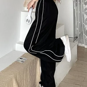 Y2K Women Streetwear Black Sweatpants - Striped Patchwork Cargo Pants