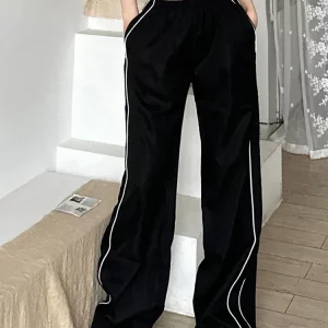 Y2K Women Streetwear Black Sweatpants - Striped Patchwork Cargo Pants