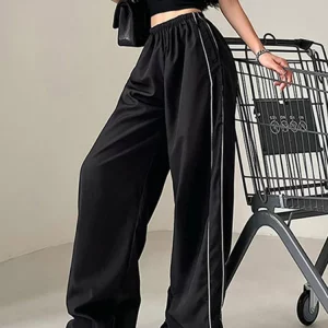 Y2K Women Streetwear Black Sweatpants - Striped Patchwork Cargo Pants