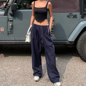 Y2k Women's Cargo Parachute Pants - Harajuku Sweatpants - Blue Wide Leg Trousers