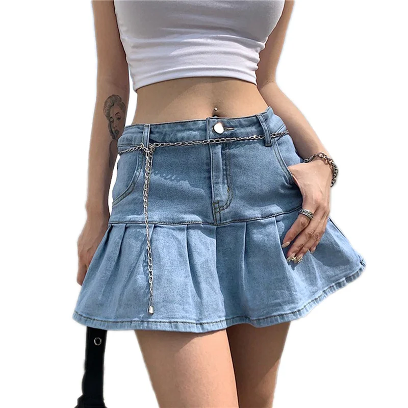 Y2k Women's Casual High Waist Denim Mini Skirt - Solid Color Pleated School Uniform Style