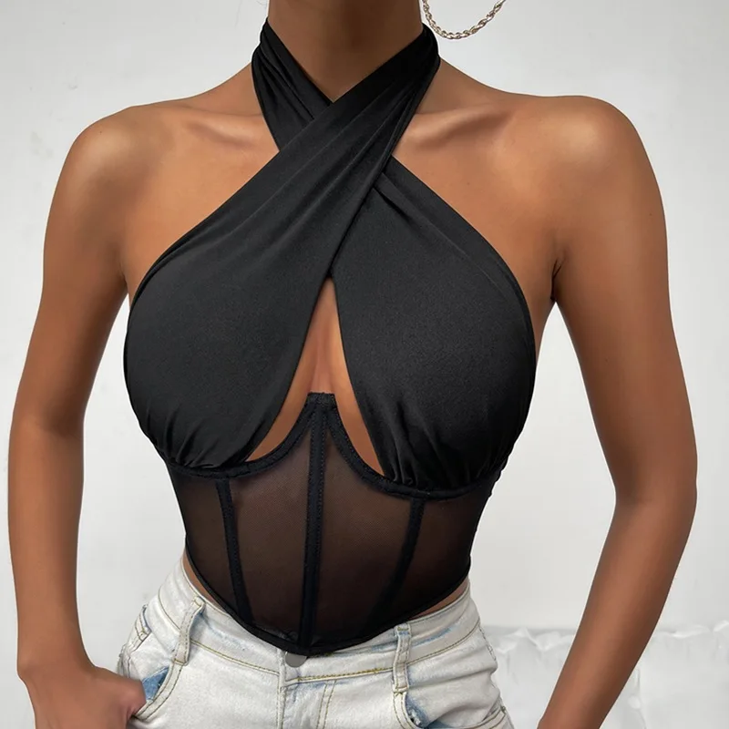 Y2K Women's Crop Top: Sexy Off-Shoulder V-Neck Halter Tee - Retro Vintage Sleeveless