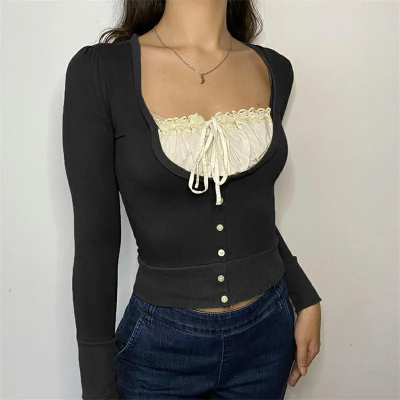 Y2k Women's Long Sleeve Gothic Tie-Up Crop Top