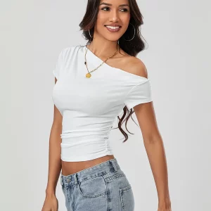 Y2k Women's Off-Shoulder Cropped Top - Slim Fit Short Sleeve Tee