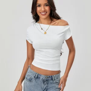 Y2k Women's Off-Shoulder Cropped Top - Slim Fit Short Sleeve Tee