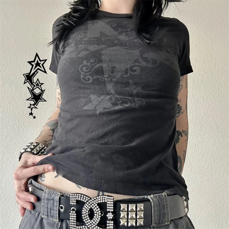 Y2K Women's Slim Gothic Abstract Print Grunge T-Shirt - Harajuku Streetwear