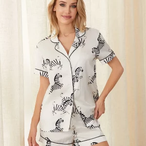 Y2K Zebra Print Pajama Set: Button-Down Top & Shorts Sleepwear