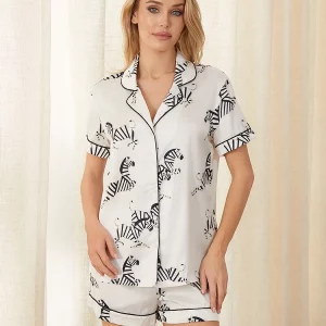 Y2K Zebra Print Pajama Set: Button-Down Top & Shorts Sleepwear