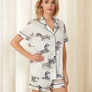 Y2K Zebra Print Pajama Set: Button-Down Top & Shorts Sleepwear