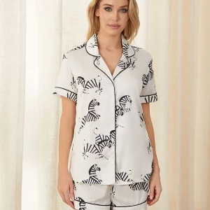 Y2K Zebra Print Pajama Set: Button-Down Top & Shorts Sleepwear