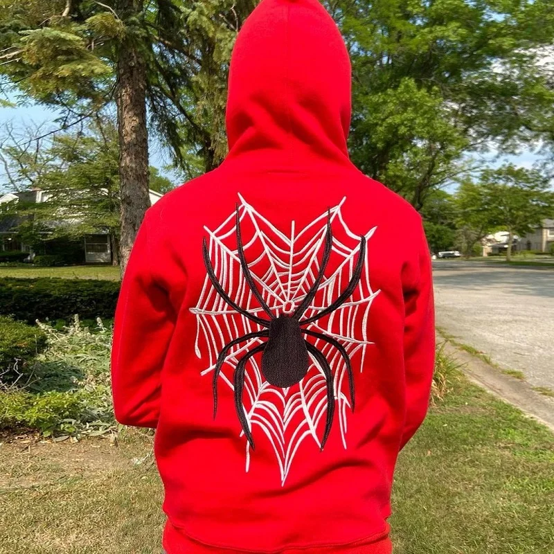 Y2K Zipper Hoodie Sweatshirt with Spider Web Print - Retro Street Style