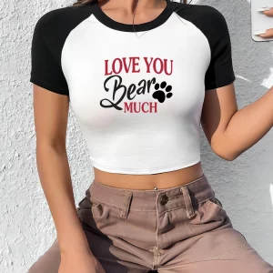 Yummyy Women's Y2K Summer Spliced Raglan Love You Bear Graphic T-Shirt