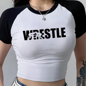 Yummyy Y2K Summer Graphic T-Shirt for Women - Spliced Raglan Sleeves Wrestle Letter Design